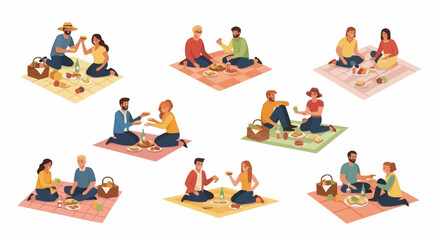 Diverse groups of friends enjoying a delightful picnic outdoors, perfect for illustrating social gatherings, outdoor activities, and leisure time in marketing materials.