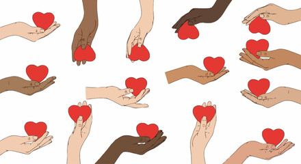 Diverse hands holding red hearts, symbolizing love and support for social causes, health initiatives, and charitable campaigns; a visual representation of global unity.