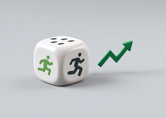 A white die with two running figures, one green, one dark, sits beside a rising green arrow on a light gray background