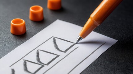 Closeup of an orange pen drawing a diagram on a piece of paper with orange pen caps on a dark surface