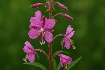 Delicate fireweed after summer rain with botanical macro photography and natural herb documentation
