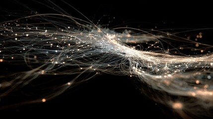 Abstract dynamic network of illuminated intertwining lines and points on dark background