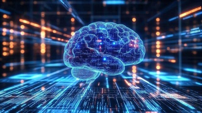 Glowing Neural Network Brain 3D Wireframe with Data Flow, Artificial Intelligence and Digital Consciousness Concept, Tech Presentation Visualization