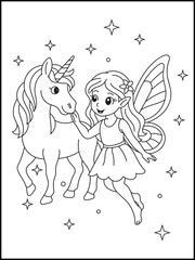 Fairy Touching Unicorn’s Face Surrounded by Stars. Whimsical Black and White Line Art for Kids Coloring Pages, Fantasy-Themed Activities, and Magical Creature Illustrations
