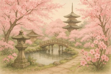 Fototapeta premium Delicate pink cherry blossom collection with Japanese spring garden elements and cultural aesthetic