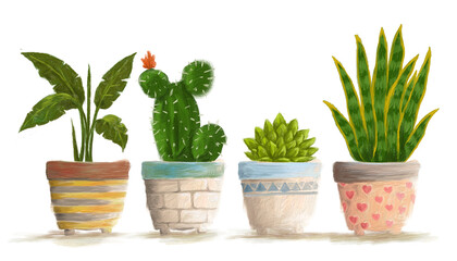 Painting of plants in pots, oil painting PNG transparent background