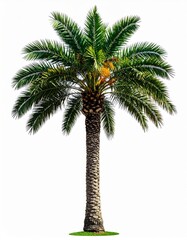 Obraz premium Tall Green Palm Tree with Brown Trunk and Yellow Fruits on White Background in Bright Daylight