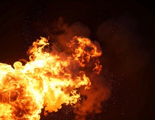 Intense Orange Fireball with Rising Smoke and Sparkling Embers Against a Black Background