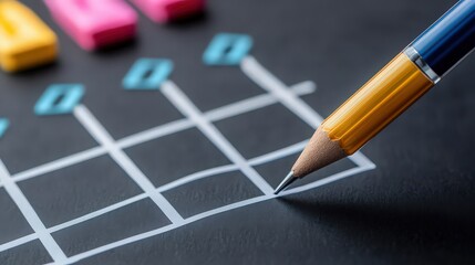 Closeup of a pencil drawing a graph on a blackboard, with colorful erasers in the background, representing data analysis
