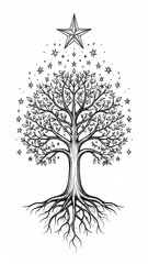 Monochrome Tree with Star and Roots in White Background Graphic Illustration