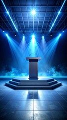 Illuminated Podium on Tiered Stage with Blue Spotlights and Atmospheric Mist