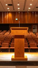Empty Auditorium Stage with Wooden Lectern and Seating in Soft Lighting