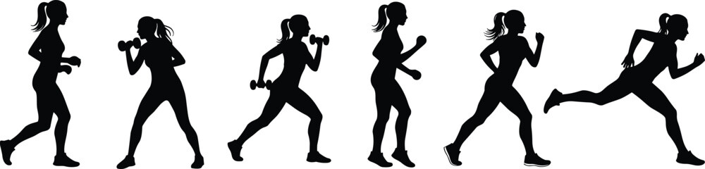 Silhouette of a woman performing various fitness exercises including running, dumbbell workout, and sprinting in sequence illustration.