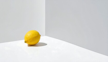 A vibrant yellow lemon rests in a corner, illuminated by soft light, showcasing its texture against a minimalist white backdrop.