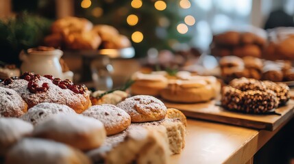 Festive christmas cookies and muffins on a dessert table for holiday celebration with blurred christmas tree in the background