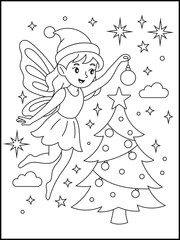 Illustration of a Christmas Fairy Decorating a Tree with an Ornament. Holiday Coloring Page for Kids and Adults.