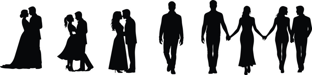 Silhouette of couples embracing and walking together, romantic love, elegant dresses, formal attire, relationships, companionship, affection, passion, walking hand in hand vector