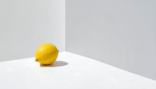 A vibrant yellow lemon rests in a corner, illuminated by soft light, showcasing its texture against a minimalist white backdrop.