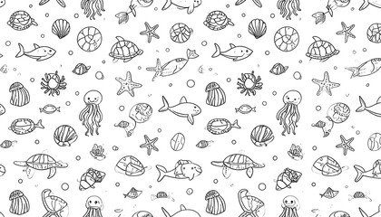 A captivating repeating pattern showcasing various sea creatures, including fish, turtles, jellyfish, and shells, in a whimsical, child-friendly style.