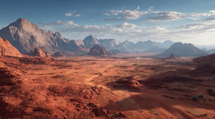 Naklejka premium Vast desert valley, rugged mountains, sunrise hues