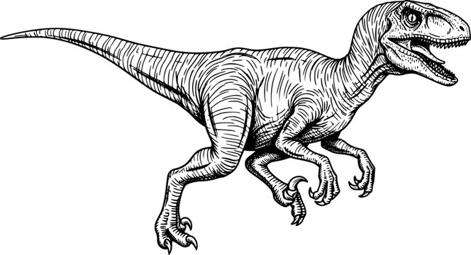 silhouette vector of Detailed woodcut drawing of a velociraptor dinosaur isolated on white background svg png