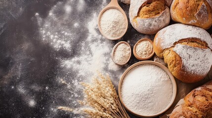 Rustic sourdough bread with flour and wheat ears on a dark background with copy space, a delicious and healthy homemade baking concept