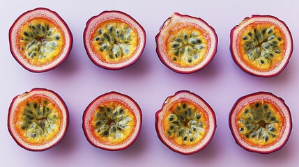 Halved passion fruits arranged on a light purple surface.