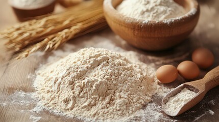 Rustic baking background with flour, eggs, and wheat ears on a wooden table, a delicious and healthy homemade baking concept