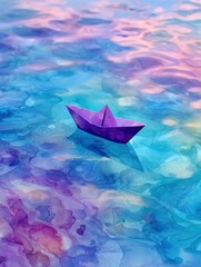 Fototapeta premium Colorful Paper Boat Floating on Tranquil Water During Sunset Reflecting Vibrant Hues