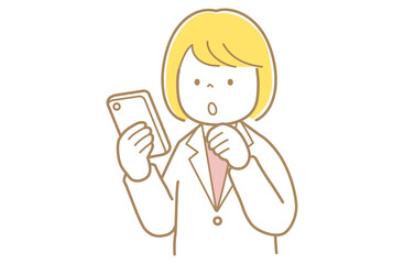 スマートフォンの画面を見る金髪で白衣の女性のイラスト