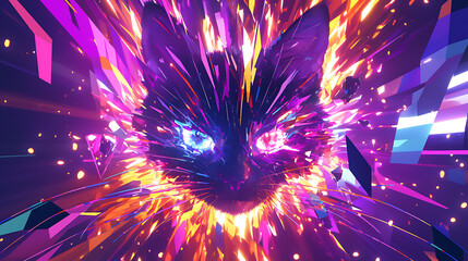 Illustration of colorful neon cat fireworks lighting up the sky