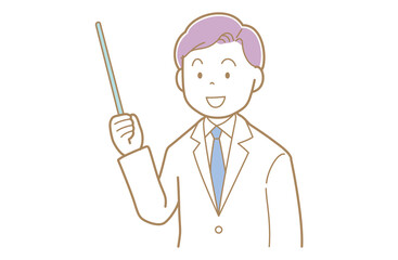 指示棒で示す紫髪で白衣の男性のイラスト