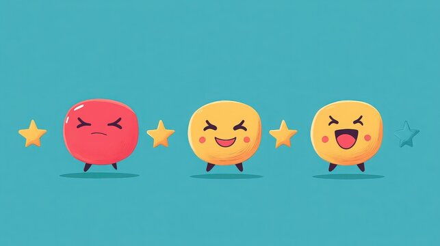 Customer feedback concept with happy, neutral and sad face emoticons and star shapes on blue background