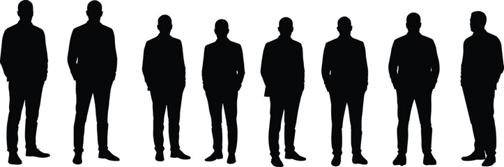 Silhouettes of Businessmen Standing in a Row on White Background – Corporate Teamwork Concept for Office, Leadership, and OrganizationSilhouettes of Businessmen Standing in a Row on White  