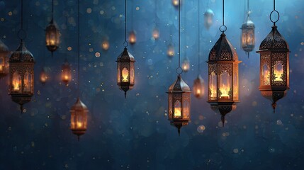 Many ornate lanterns hang, lit, against a deep blue background