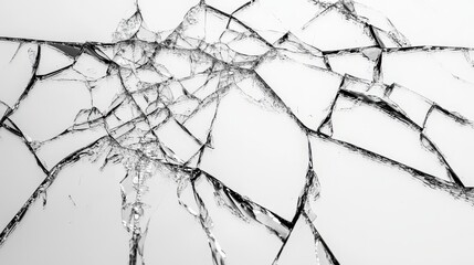 Fototapeta premium Shattered glass with sharp, jagged cracks against a bright white background.
