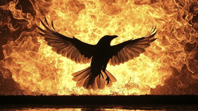 Raven soaring through flames