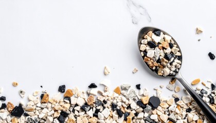 Black White Gray Sprinkles on Spoon and White Background