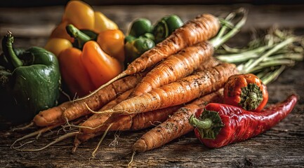 Fresh, vibrant vegetables, including carrots, bell peppers, and chili peppers, on a rustic wooden surface