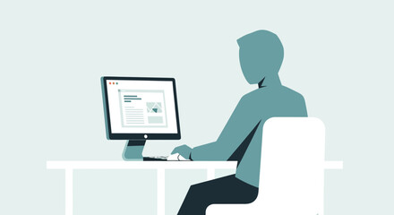 Person Working on Computer Silhouette of an Individual at a Desk with a Monitor and Keyboard