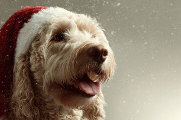 playful dog wearing christmas hat adorned with holographic bow captures spirit of holiday season
