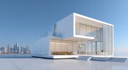 Obraz premium Modern minimalist house over water, cityscape view