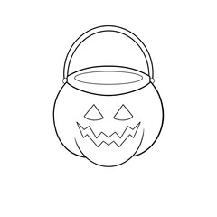 Jack O Lantern pumpkin candy bucket with a spooky face Halloween clip art hand drawn black and white