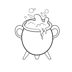 Witch or wizard cauldron with an overflowing magic potion and bubbles Halloween autumn fall October clip art hand drawn black and white