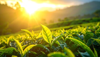 Sunlit tea plantation at sunrise, vibrant green leaves basking in golden light.