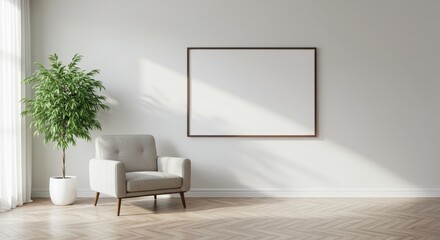 A blank picture frame hangs on a white wall above an armchair, beside a green houseplant, creating a peaceful interior space in an empty modern room.