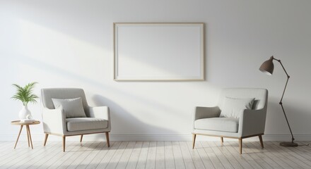 Bright living room showcases two armchairs, a side table with plant, and a floor lamp beneath a blank picture frame hanging on the white wall for mockup display.
