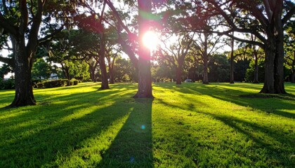 Sunburst Through Green Trees Casting Long Shadows Across Grassy Field in a Peaceful Park Landscape