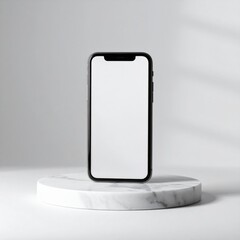 Black Framed Smartphone Displaying White Screen on Marble Pedestal in Studio