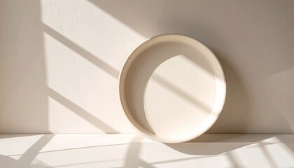 Cream Round Plate in Soft Sunlight on White Background